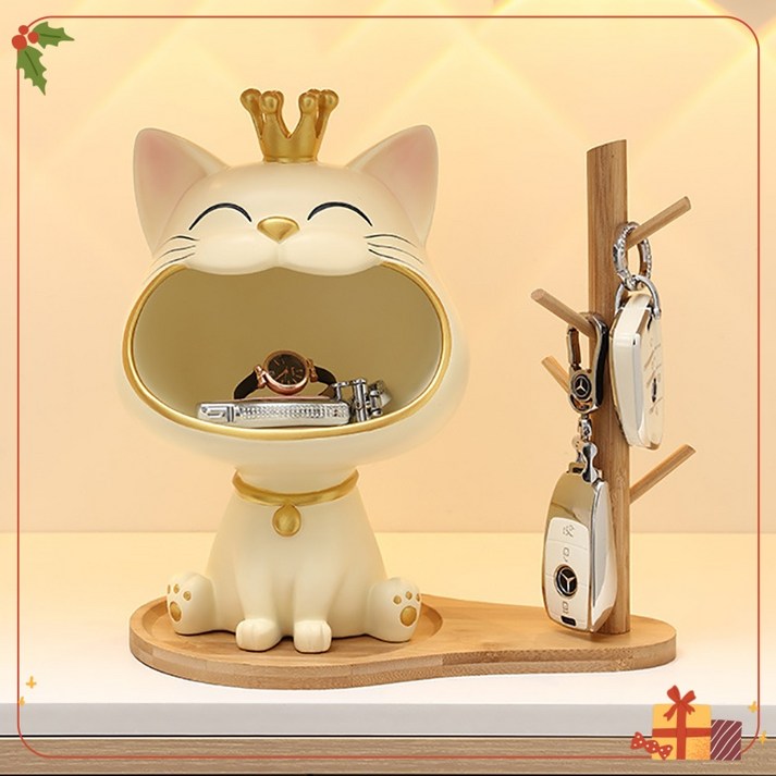 집들이선물 행운 고양이 현관 장식품우드 차키 악세사리 행거 차키트레이 거실 카페 장식 소품, 할인라이트 옐로우, 1세트