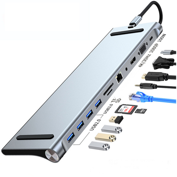 큐앤씨 10포트 ,11포트 12포트 13포트 노트북 스탠드형 USB ,VGA, AUX,HDMI,PD100W, C타입 멀티 허브