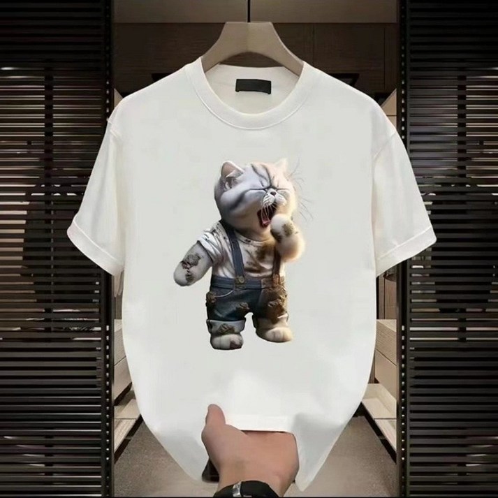 Asure 간절기 여름 남성 반팔티셔츠 캐릭터고양이 데일리룩