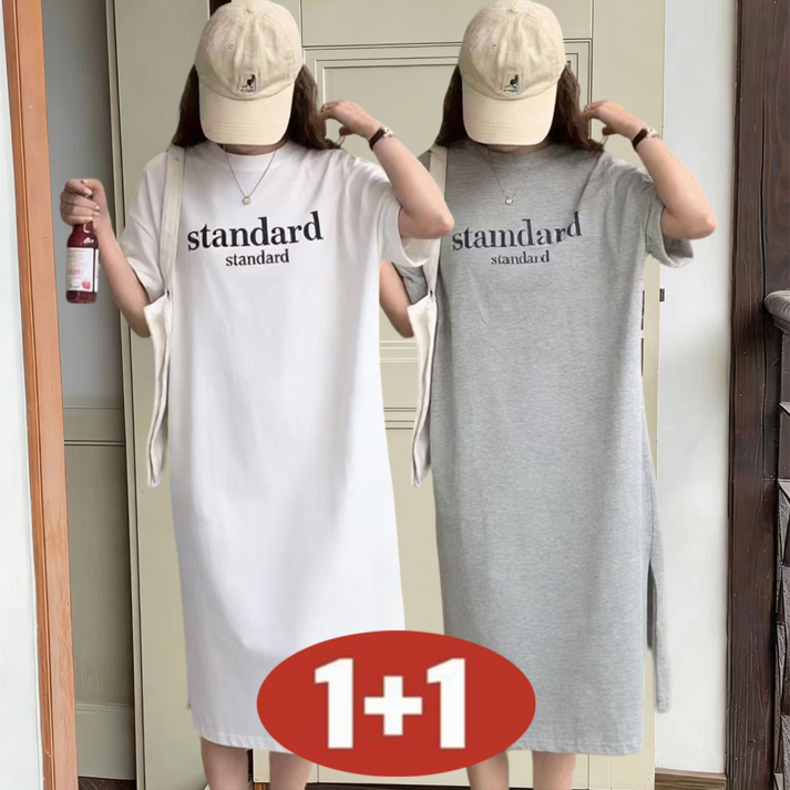 여성 여름 11 날씬해보이는 심플 레터링 프린트 라운드넥 일자 롱 원피스 무릎 아래까지 홈웨어 옆트임 캐주얼 드레스