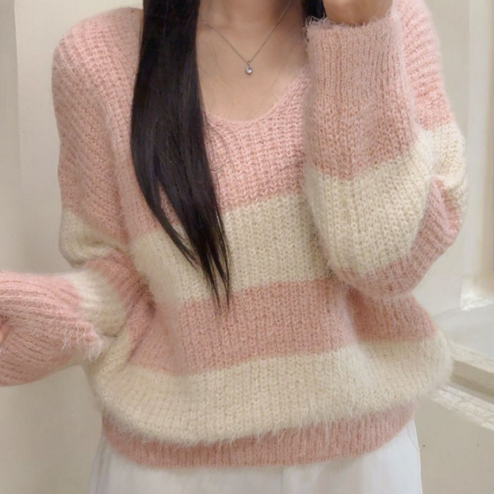가영 스트라이프 루즈핏 브이넥 여성 니트 스웨터 겨울