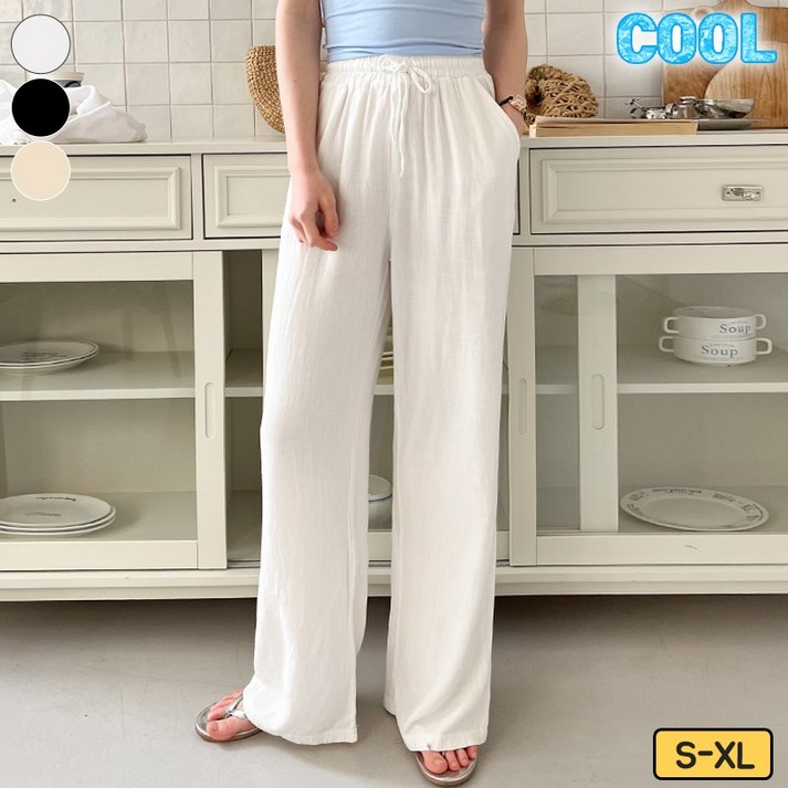가비진 여성용 쿨 린넨 쫀쫀 허리 밴딩 일자 롱기장 팬츠 바지 찰랑 린넨바지 빅사이즈까지