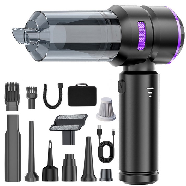최신형 Voltmate 휴대용 무선 에어건 청소기 차량 가정 야외 흡취일체형 다기능 청소기 LED 전량 표시 BLDC 브러시리스 16000Pa Type-C 포트 진공 포장, 블랙