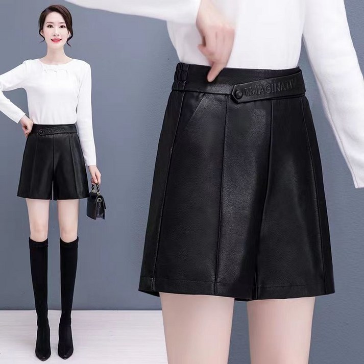 뒷밴딩 레더 가죽 반바지 빅사이즈 여성 추동 레이어드 와이드 숏팬츠 A라인 가죽 4부 바지 팬츠