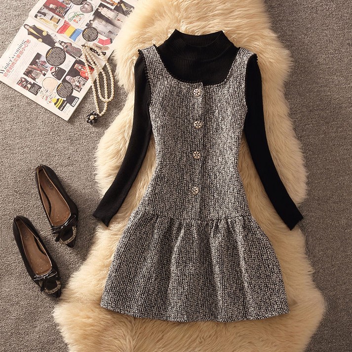 트렌드 여성 민소매 나시 원피스 세트 심플 코디 이너 티셔츠 빈티지 패션 멜빵 원피스 투피스 YHY