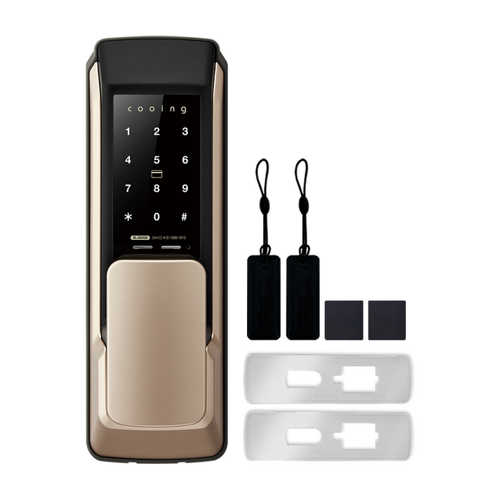 쿠잉 손잡이 있음 무타공 푸시풀 디지털 도어락 본품+보강판 세트, DL-D02GD, 방문설치