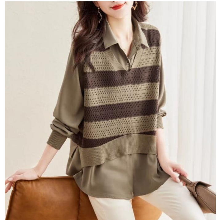 [딜마켓] 내랑상의 / 여성 스트라이프 긴팔 이중 카라 티셔츠 상의