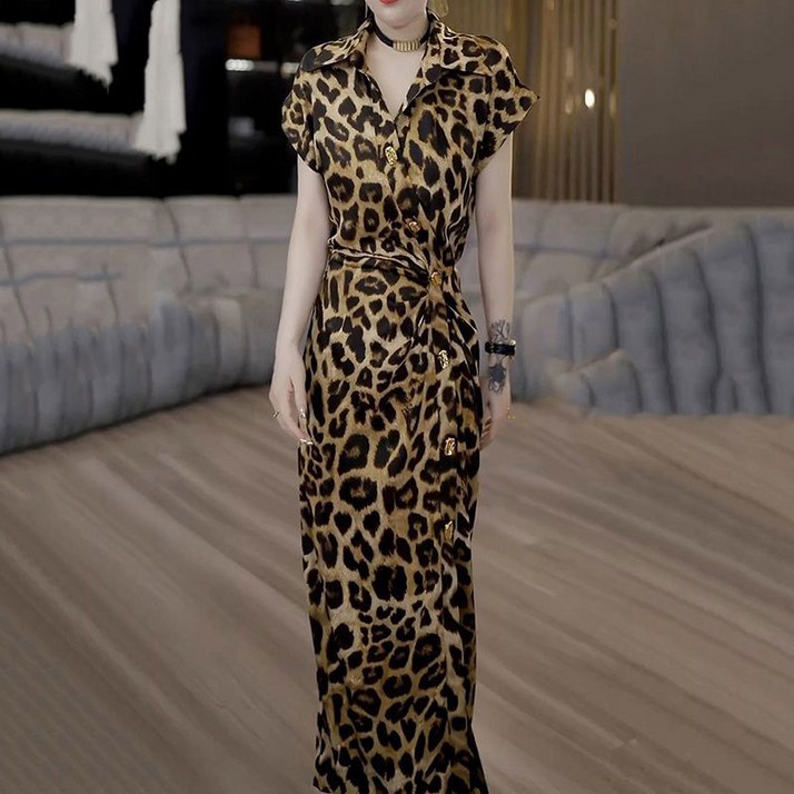 페이준 여성 호피 프린트 허리밴딩 원피스 옆트임 슬림 힙업 원피스 IA7439