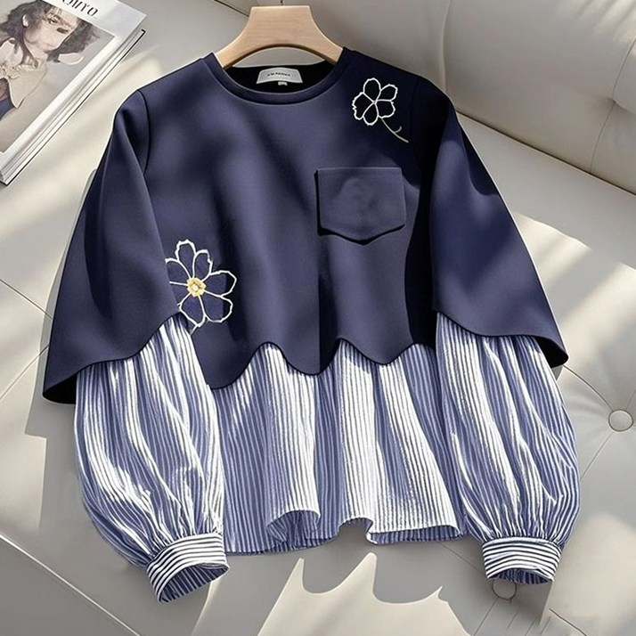 ORZQU 가을 여성 네이비 투피스 패치 라운드 맨투맨 루즈핏 캐주얼 상의