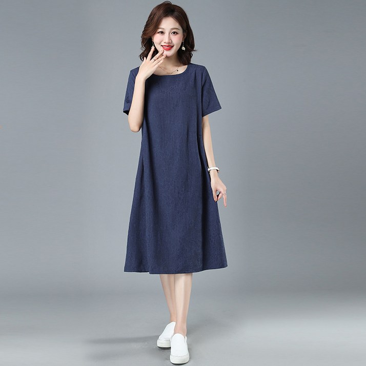 POMTOR 여성 라운드넥 Zacar 반팔 면마 자카르 린넨  롱 원피스