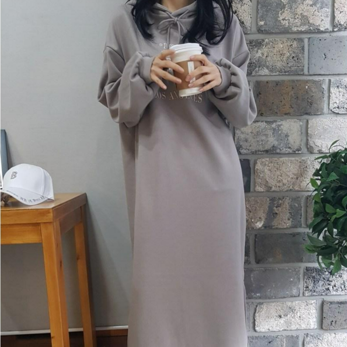 상상그이상 여성용 국내제작 데일리 마실룩 레터링 양트임 오버핏 후드 롱원피스 꾸안꾸룩 집순이룩