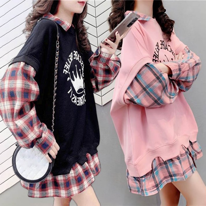 JUSTFEELING 체크 배색 맨투맨티셔츠 레이어드핏 셔츠 봄 가을 맨투맨 빅사이즈 루즈핏 오버핏 긴팔 데일리룩 롱티 여자남방