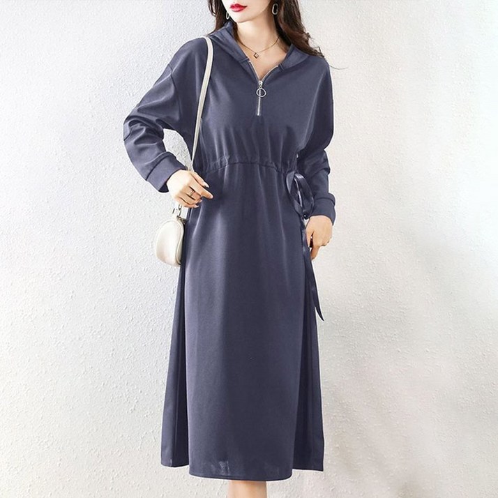 POMTOR 고급 슬림핏 여성 가을 신상 스트링 허리 조임 단색 후드 원피스