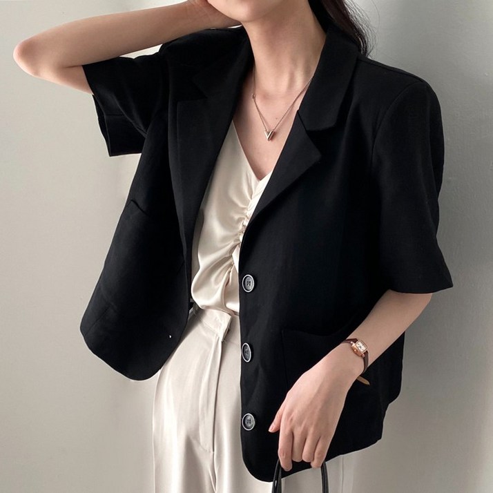 여성용 여름 린넨 베이직 캐주얼 반팔 자켓 버튼 포켓 반소매 정장 솔트 스타일 오피스 상의