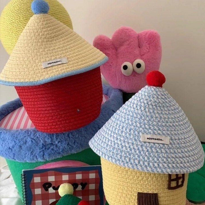 예쁜 소품 바구니 패브릭 로프 상자 집모양 인형 장난감 정리 수제 보관