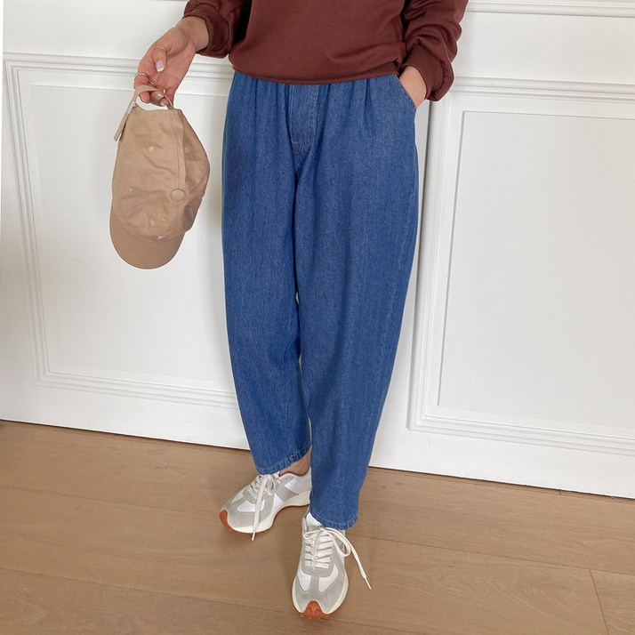 여성 가을 청 워싱 배기팬츠 밴딩 데님 캐주얼 바지