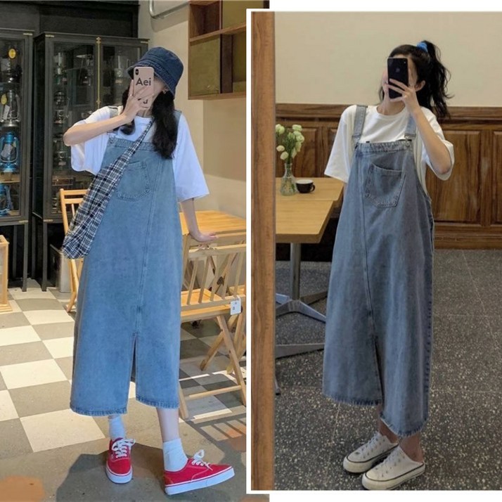 주로니엔 완전편한 데님 멜빵 원피스 트임