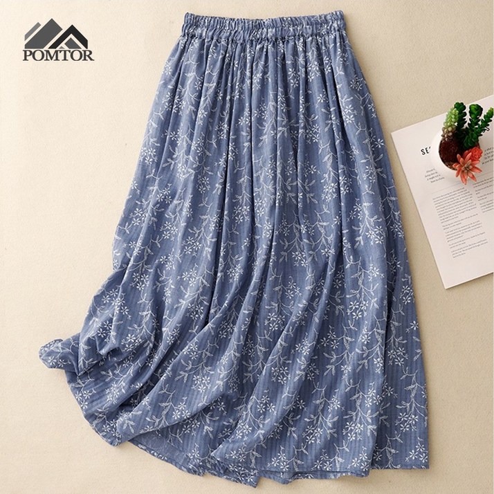 POMTOR 여성 잔꽃 밴딩 치마 면마 롱 스커트