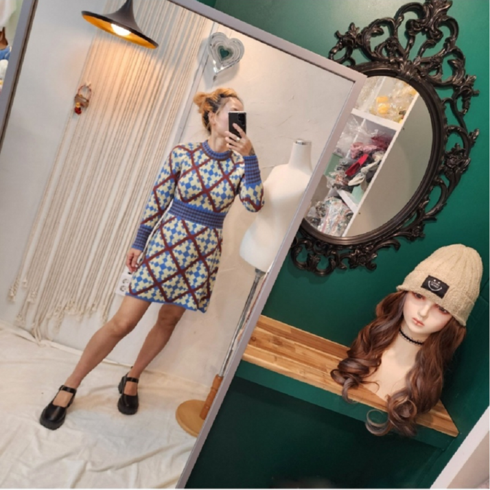 여성 겨울 레트로 다이아 패턴 니트 원피스