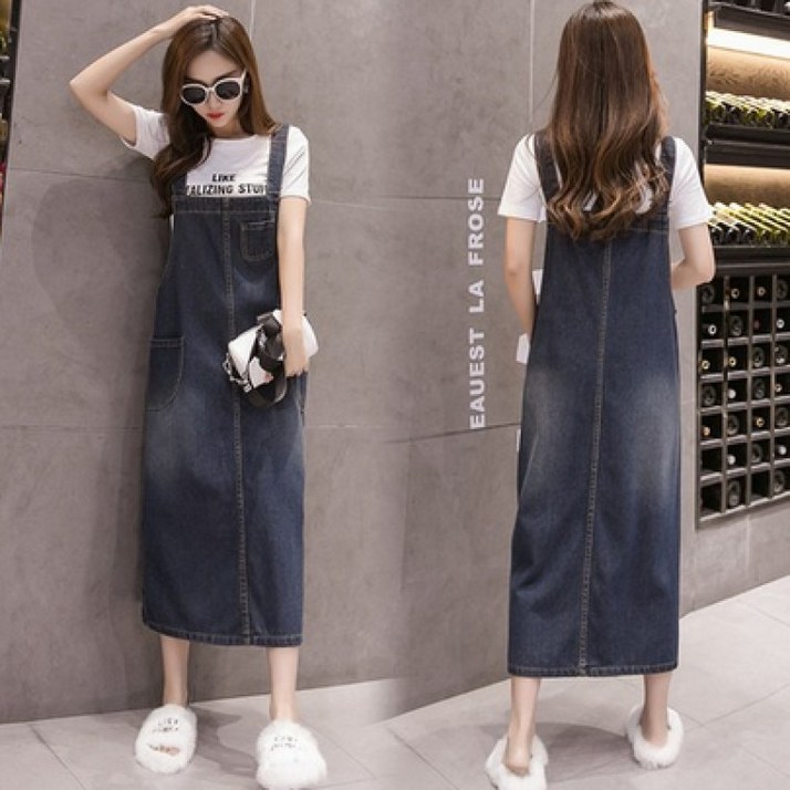 여성용 기본 멜빵 데님 원피스