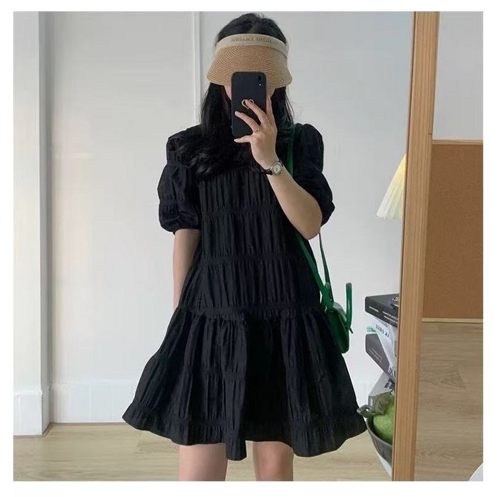 영메이 YM23456 여성 엠보 퍼프소매 셔링주름 미니 원피스 캐주얼 하늘하늘한 반팔원피스 러블리 미니스커트