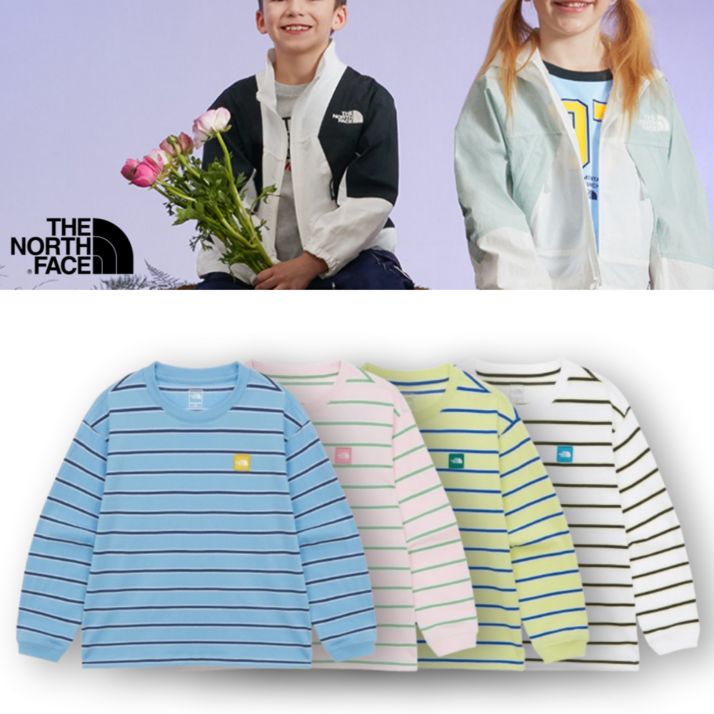 [국내매장] 노스페이스 키즈티셔츠 긴팔티 라운드긴팔티 봄가을티셔츠  스트라이프긴팔티 루즈핏긴팔티