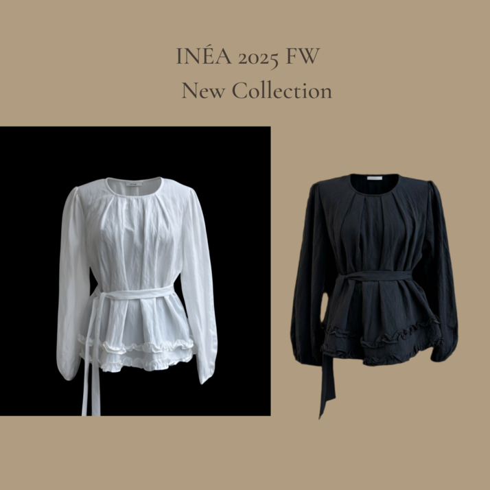 이네아 여성 러플밑단 스카프타이 라운드 핀턱 블라우스 긴팔 루즈핏