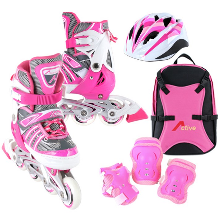 [인라인세트] 사이즈 조절형 아동용 발광바퀴 인라인 스케이트+헬멧+보호대+가방, 에이스 핑크