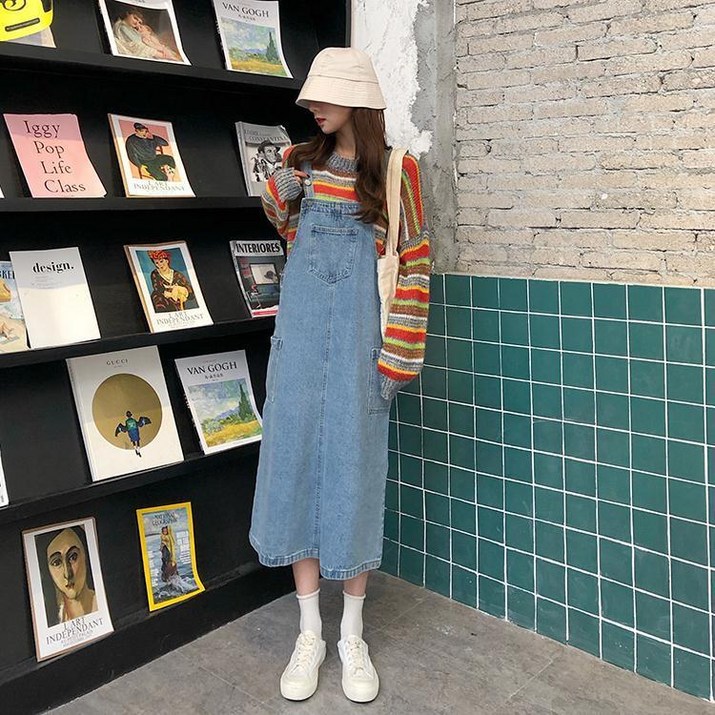 FEIJUN 봄여름원피스 오버핏 슬림핏 데님 멜빵 롱스커트 포켓 뷔스띠에원피스 청원피스 Q0859