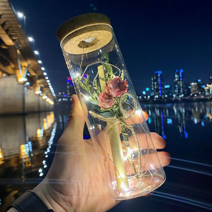 [프렌치로즈]6타입 LED 코르크 유리병 기념일 선물 꽃 편지지 세트 핑크 드라이 플라워