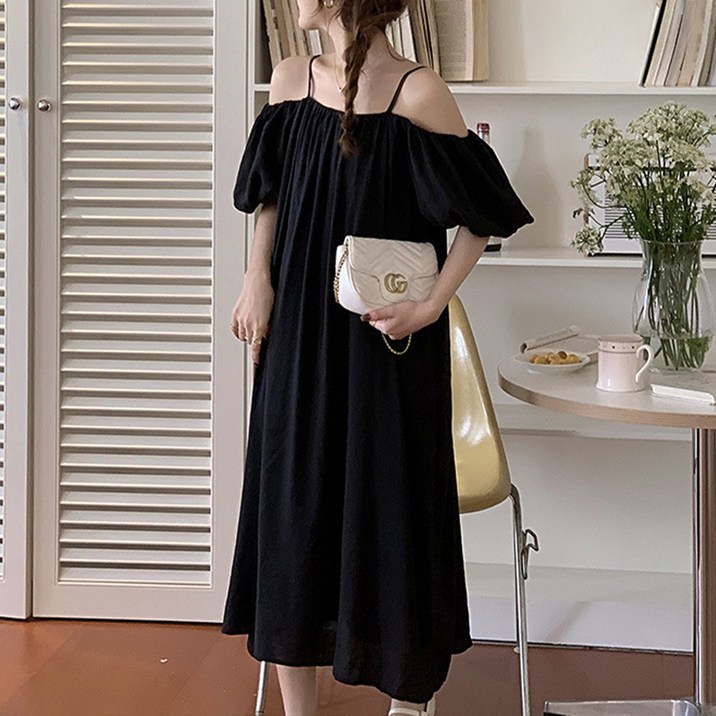 엘쏘 오프숄더 끈나시 빅 퍼프 바캉스 드레스