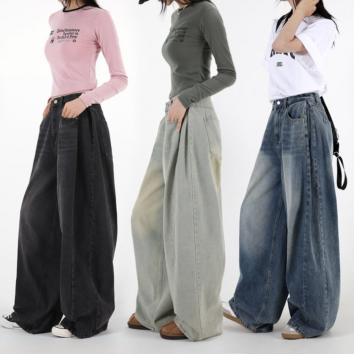 오버나인 여자 여성 와이드핏 벌룬 데님 워싱 핀턱 팬츠 청바지