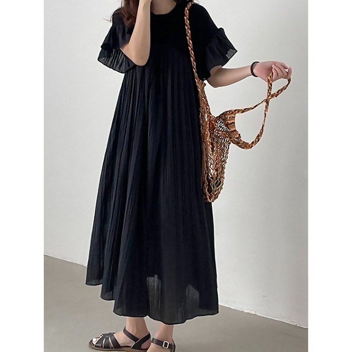 여성 쉬폰 원피스 박스핏 나팔 반팔 롱원피스