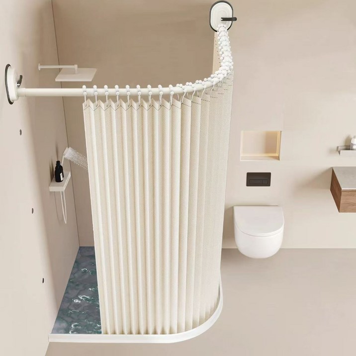 코너형 샤워 방수샤워커튼 커튼 욕실샤워커튼봉세트 무타공 가림막 목욕 욕조 봉, 1개, 베이지(커튼 폭 180 × 높이 200cm)
