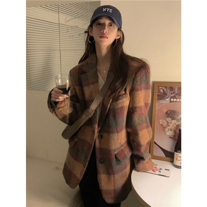 여성용 복고풍 체크 울 혼방 코트 넉넉한 핏 따뜻한 가을 겨울 아우터rll