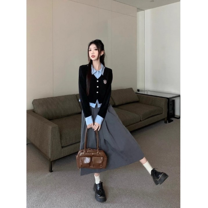 YioYcc 투피스 학원 긴팔 셔츠 하이웨이스트 플리츠 스커트