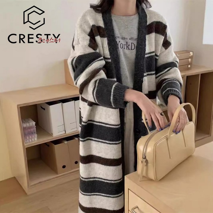 크레스티 여성 가을겨울 데일리 니트 코트 루즈핏 단가라 롱 가디건