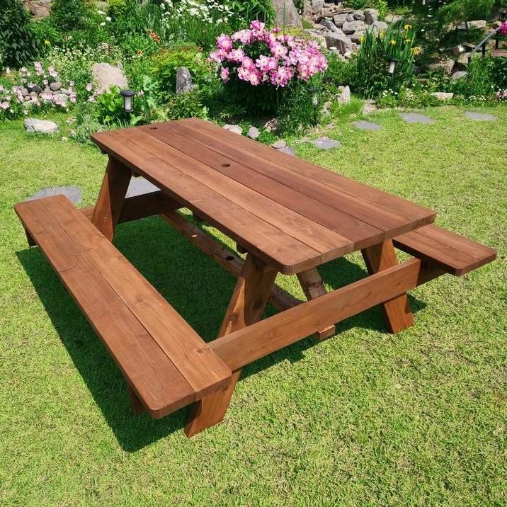 미엔우드 송진 없는 통원목 일체형 야외테이블 세트 야외용 평상 편의점 카페 피크닉 테이블, 4인 월넛색