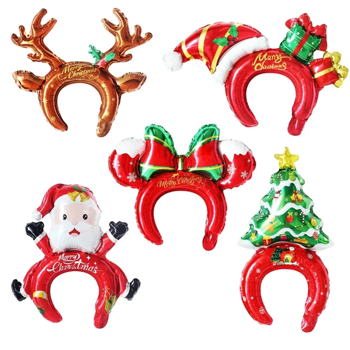5개 크리스마스 장식 머리 장착형 풍선 알루미늄 필름 헤어밴드 산타 눈사람 파티