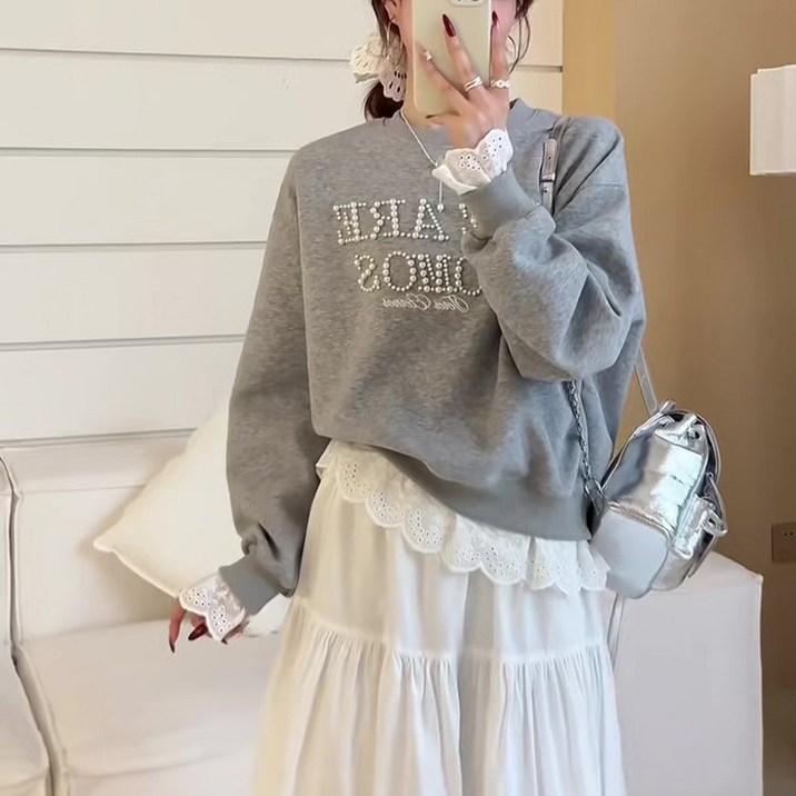 SAHINER 봄가을 여성 레이스 레이어드 루즈핏 맨투맨 긴팔티셔츠 LWAWY50