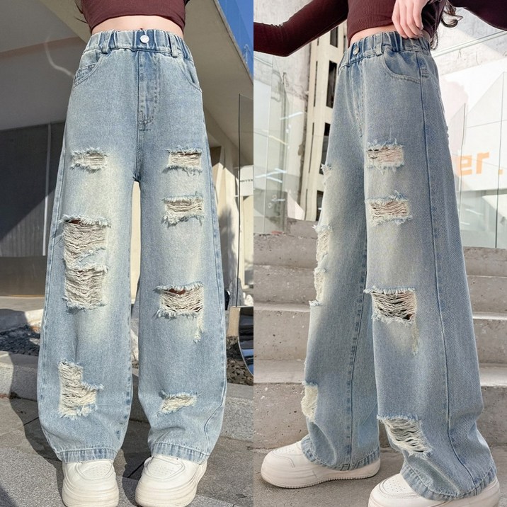 삐삐네옷가게 여아 주니어 하이틴 데미지 와이드 팬츠