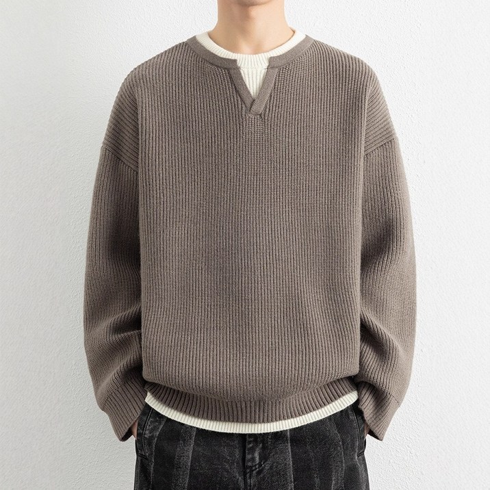 ANYOU 남성 2in1 니트 풀오버 오버핏 맨투맨 스웨트셔츠 데일리 베이스 레이어