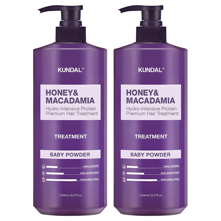 쿤달 허니 앤 마카다미아 헤어트리트먼트 베이비파우더향, 1058ml, 2개 쿤달 허니 앤 마카다미아 헤어트리트먼트 베이비파우더향, 1058ml, 2개