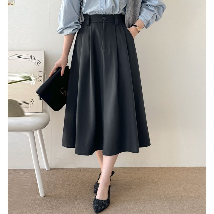 데일리앤 기장선택 S-XL 베라 핀턱 밴딩 플레어 롱스커트 키작녀 빅사이즈 롱 치마 봄 가을