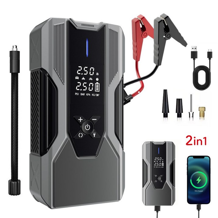 LA DERIVE 긴급시동 보조배터리 점프 스타터+타이어 공기압주입기+스마트 케이블+대용량 배터리 일체형 스마트시동 오토바이 보조배터리 긴급시동