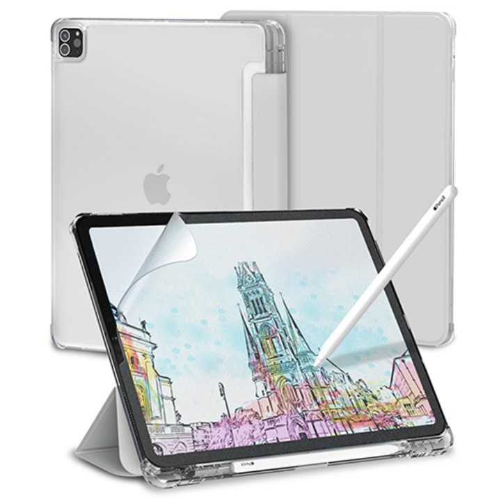 신지모루 클리어 애플펜슬 수납 태블릿PC 케이스  종이질감 액정보호 필름 세트, 웜그레이