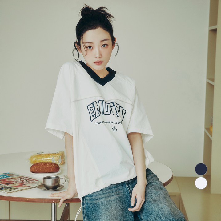쥬시쥬디 여성용 브이넥 우븐 믹스 티셔츠 JZTS321F 쥬시쥬디 여성용 브이넥 우븐 믹스 티셔츠 JZTS321F