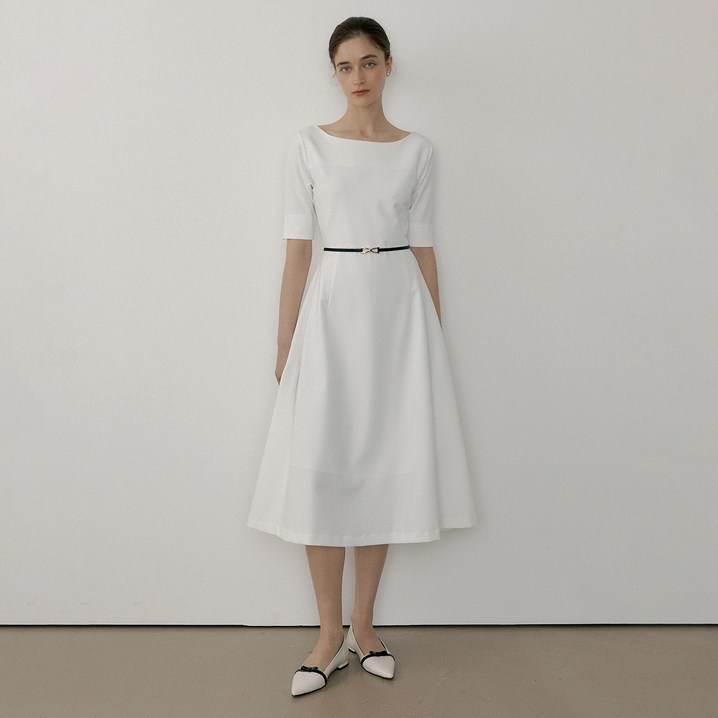 리올그 여성용 모르 보트넥 클래식 플레어 원피스  벨트 세트