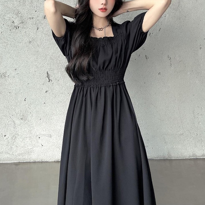 아이엠몽 여성용 바로스 여름 데일리 주름 셔링 플레어 롱 원피스