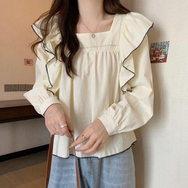 SAHINER 여성 프릴 블라우스 스퀘어넥 긴팔 데일리 봄가을